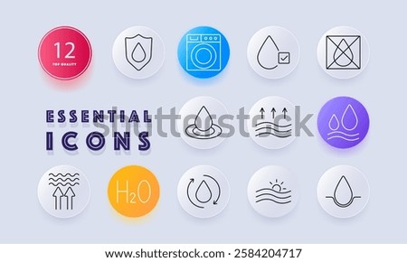 Water and fluid dynamics set icon. Water protection, washing machine, purity check, no water, droplet, evaporation, hydration, circulation, filtration, conservation