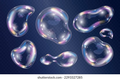 Water foam bubbles set in rainbow color on transparent background isolated vector illustration