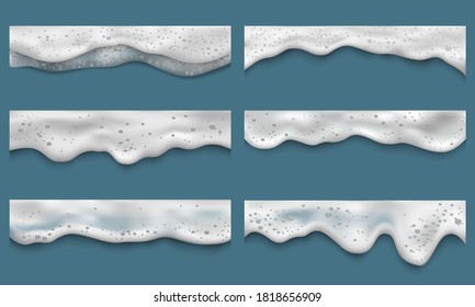 Water foam. Clean washing liquids bath laundry drops splashes on seaside top view vector realistic templates