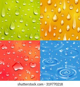 Water following and falling drop round and elongate shape color square banner set isolated vector illustration