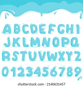 Water font with liquid letters and numbers. Vector illustration
