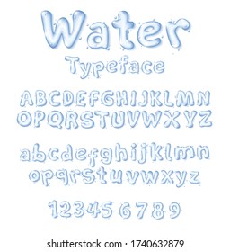 Water font or type liquid vector drop letters and digits. Isolated uppercase and lowercase letters, numbers. Pure aqua blue transparent characters with water droplets. Cartoon font