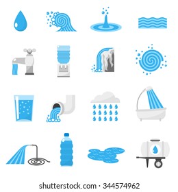 Water forms flat icons set with drop ocean wave rain and waterfall isolated vector illustration