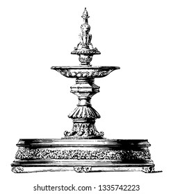 Water Fountain Is A 17th Century Design, Public Place, School Or Office, Vintage Line Drawing Or Engraving Illustration.