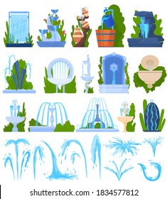 Water fountain architecture decor vector illustration set. Cartoon flat architectural elements, exterior collection of geyser waterfall splashing drops, outdoor water park decoration isolated on white