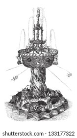 Water Fountain, found at the Museum of Vienna, in Austria, vintage engraved illustration. Le Magasin Pittoresque - 1874