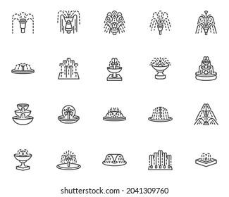 Water fountain line icons set. linear style symbols collection, outline signs pack, vector graphics. Set includes icons as three-level water fountain, park geyser