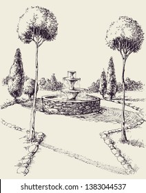 Water Fountain In A Park Square Hand Drawing. Garden Alley Sketch