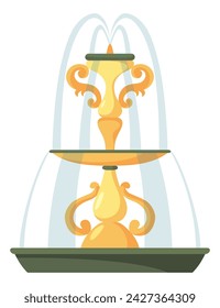 Water fountain and water splash. Vintage and modern architecture decor with splashing drops. Outdoor park decoration with architectural elements cartoon vector