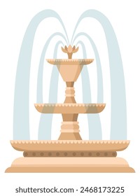 Water fountain and water splash. Vintage and modern architecture decor with splashing drops. Outdoor park decoration with architectural elements cartoon vector