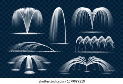 Water fountain splashes. Fountains drop water isolated collection, elegant wet jets for public park decoration elements vector illustration