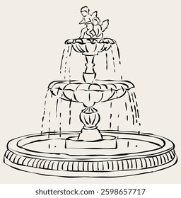 Water fountain vector. Minimalist romantic fountain illustration. Doodle for invitations.