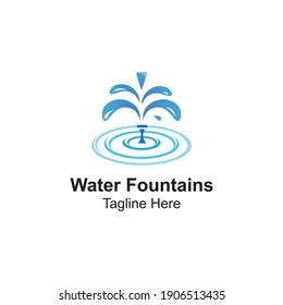 Water Fountains Logo Design Template With Pond-Water jet fountain logo template. Linear fountain silhouette design. Water splash logotype,