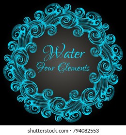 Water. Four elements. Beautiful round frame on black background. Vector illustration.