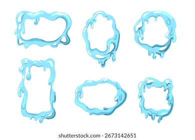 Marco de agua. Líquido azul salpica y cae. Tarjeta redonda y carteles Elementos decorativos. Tinta y cuadrado alílico. Conjunto de ilustración aislado de estilo plano de dibujos animados de Vector