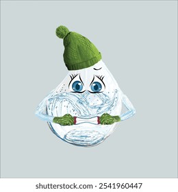 water freezing point character vector drown, green woolen hat and green woolen gloves. Water dropping shape inside ice in water. Cold water drop. 