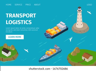 Water freight transport logistics vector illustration website. Container ships boats marine vessel in port with lighthouse. Cargo delivery by sea service. Internet page banner.
