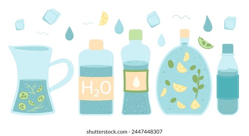 Water with fruit flavours in different containers set isolated on white background. Fresh clean beverages with sparkling and still. Drink more water. Stay hydrated. Vector flat illustration.