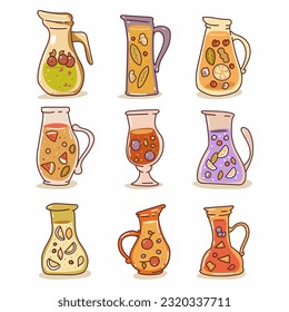 Water with fruit and juice in glass jug vector cartoon set isolated on a white background.