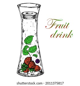 Decanter,сarafe with water and fruit and mint leaves. Vector stock illustration. Hand drawn . Sketch. Isolated on white backgraund. Menus and decorations of bars and restaurants.