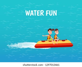 Water fun inflatable rubber transport with text poster vector. Male and female riding banana boat on sea surface. Entertainment and rest time of teens