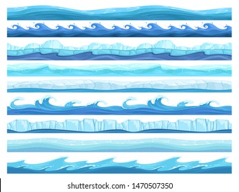 Water game seamless. Ice ocean sea or river layers parallax ready surface vector ui collection for games. UI pattern ice sea or ocean illustration