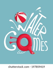 Water Games with Inflatables Lettering Poster. Swimming circle and beach ball sign. Vector illustration EPS8.
