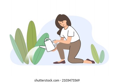 water the garden. girl watering the plant with a watering can. grow plants - vector illustration on white background flat style. plant care