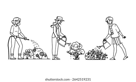 water garden woman watering vector. plant ing, er care, work female water garden woman watering character. people black line pencil drawing illustration