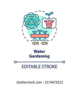 Water gardening concept icon. Aquatic garden. Aquaculture. Gardening type abstract idea thin line illustration. Isolated outline drawing. Editable stroke. Arial, Myriad Pro-Bold fonts used
