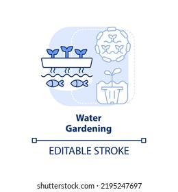 Water gardening light blue concept icon. Aquatic garden. Aquaculture. Gardening type abstract idea thin line illustration. Isolated outline drawing. Editable stroke. Arial, Myriad Pro-Bold fonts used