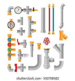 Water or gas pipes junction connector, fitting vector icons isolated. Gas pressure sensor, keys and water line pipe connection