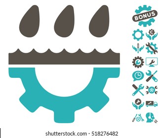 Water Gear Drops icon with bonus configuration icon set. Vector illustration style is flat iconic grey and cyan symbols on white background.