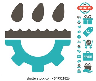 Water Gear Drops icon with free bonus design elements. Vector illustration style is flat iconic symbols, grey and cyan colors, white background.