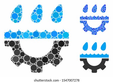 Water gear drops mosaic of filled circles in various sizes and color tinges, based on water gear drops icon. Vector filled circles are grouped into blue illustration.