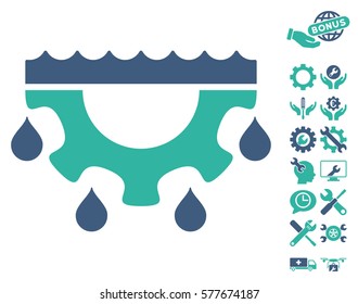 Water Gear Drops pictograph with bonus tools clip art. Vector illustration style is flat iconic cobalt and cyan symbols on white background.