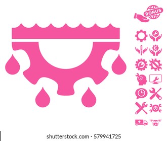 Water Gear Drops pictograph with bonus service clip art. Vector illustration style is flat iconic pink symbols on white background.