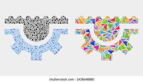 Water gear mosaic icon of triangle elements which have variable sizes and shapes and colors. Geometric abstract vector illustration of water gear.