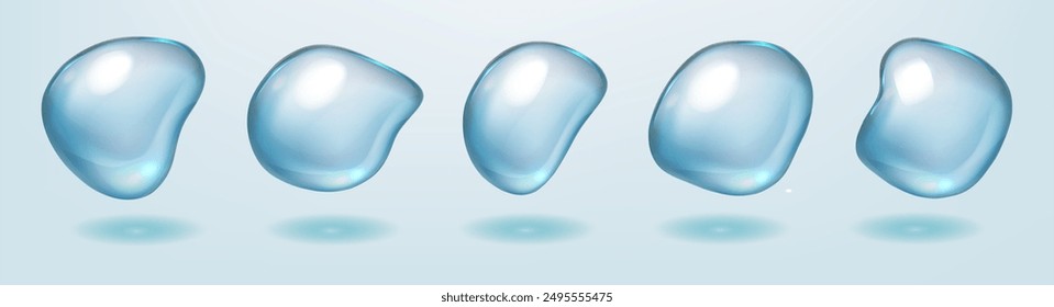 Water gel drops, realistic  collagen oil or essence,  model isolated on soft blue background. Vector  irregular shape water drop icon collection