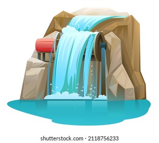 Water Generator. Cascade Spills Down Over Paddle Wheel. Electricity Generation. Object Isolated On White Background. Vector