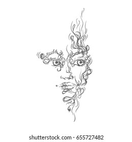 Water girl in lines, vector illustration isolated on white background