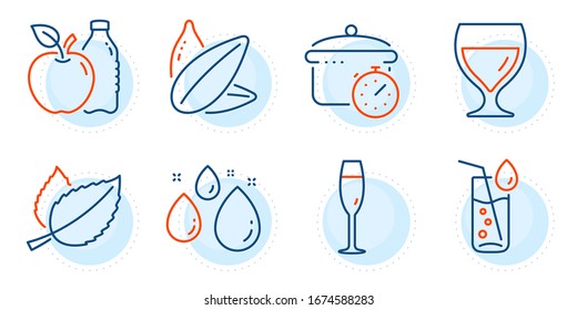 Water glass, Apple and Water drop signs. Mint leaves, Wine glass and Boiling pan line icons set. Sunflower seed symbol. Mentha herbal, Cabernet wineglass. Food and drink set. Outline icons set. Vector