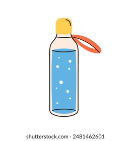 Water in glass bottle. Drink more water. Zero waste. Vector illustration in flat style