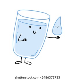 Water glass character holding a drop of water in his hand. Drink more water concept