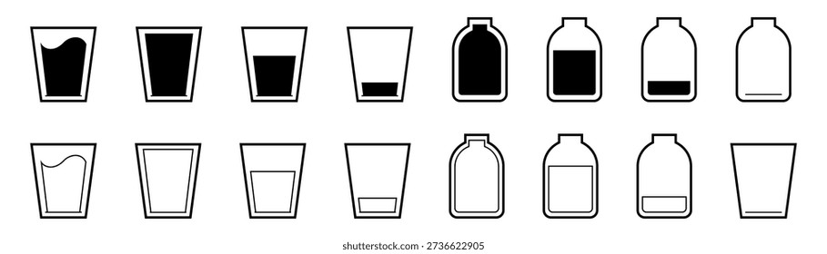 Water in a glass cup. Water in bottle. Amount of water.