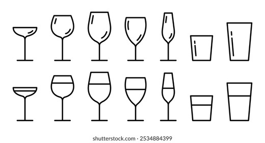 Water glass cup line icon. Glassware and Drinkware icons of beer, wine, alcohol, brandy, martini, champagne, milk, Cocktail, glasses royalty, Vector illustration isolated on transparent background.