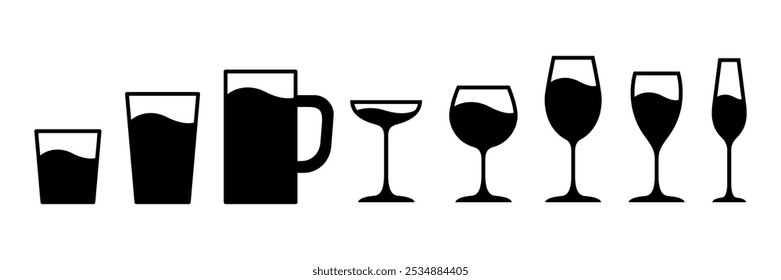 Water glass cup line icon. Glassware and Drinkware icons of beer, wine, alcohol, brandy, martini, champagne, milk, Cocktail, glasses royalty, Vector illustration isolated on transparent background.