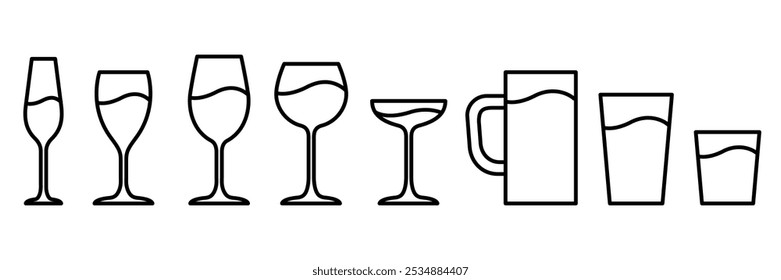 Water glass cup line icon. Glassware and Drinkware icons of beer, wine, alcohol, brandy, martini, champagne, milk, Cocktail, glasses royalty, Vector illustration isolated on transparent background.