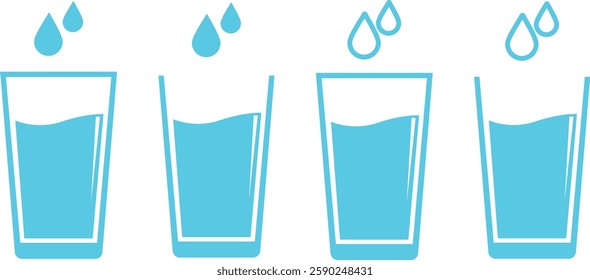 Water glass with water drop icon set. Drinks glass symbols isolated on transparent background. Pure, mineral water glass solid vector icons for cold drink. Signs, logo illustration.