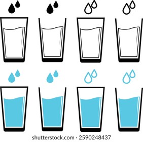 Water glass with water drop icon set. Drinks glass symbols isolated on transparent background. Pure, mineral water glass solid vector icons for cold drink. Signs, logo illustration.